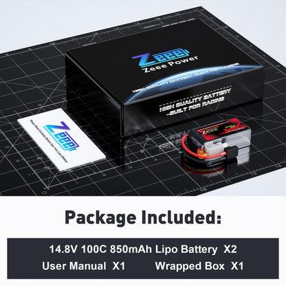 Zeee Premium Series 4S Lipo Battery 850mAh 14.8V 100C FPV Batteries with XT60 Plug for Racing Drone Quadcopter Helicopter Airplane RC Boat RC Car RC Models(2 Pack)