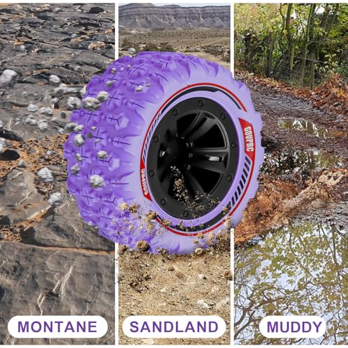 GOUPRC 12mm Hex RC Wheel Tires with Hood Pins Retainer Lock Clip Kit, 3.26 * 1.67 Inches 4PCS Swamp Claw Mud Terrain Tires Accessories for 1/14 1/16 RC Car Crawler Buggy Truck - color: Purple With Retainers