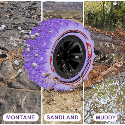 GOUPRC 12mm Hex RC Wheel Tires with Hood Pins Retainer Lock Clip Kit, 3.26 * 1.67 Inches 4PCS Swamp Claw Mud Terrain Tires Accessories for 1/14 1/16 RC Car Crawler Buggy Truck - color: Purple With Retainers