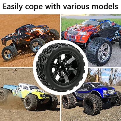 RC Wheels and Tires, 4 Pack, 12mm Hex, 1/10 Monster Truck | with Nuts and Washers, RC Car Parts