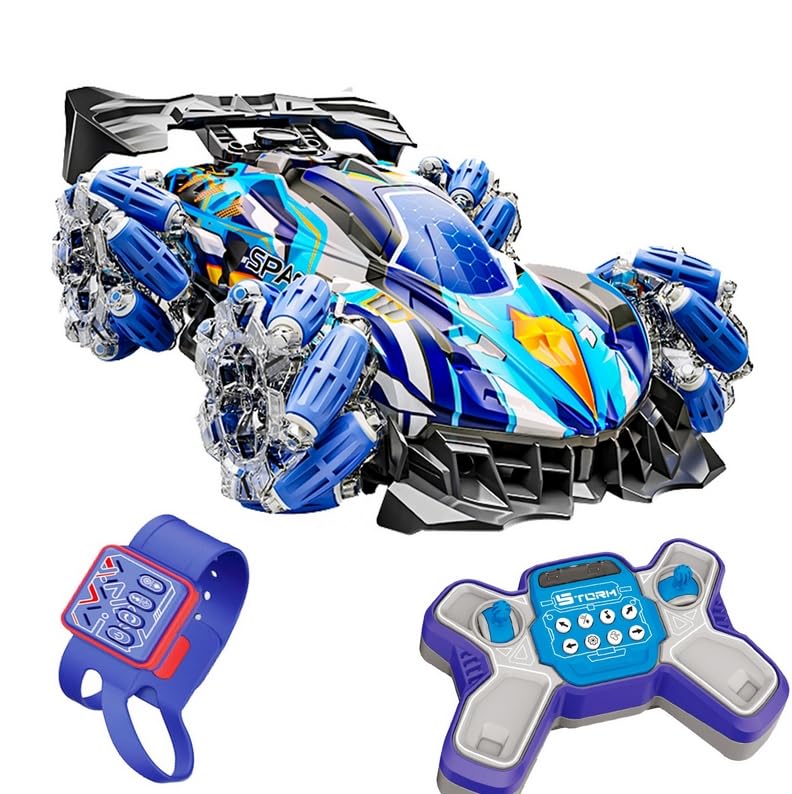 Gesture Sensing Stunt RC Car with Lights & Music, Hand Gesture Remote Control Toy with 360° Spins Mist Spray (Blue) - color: Blue