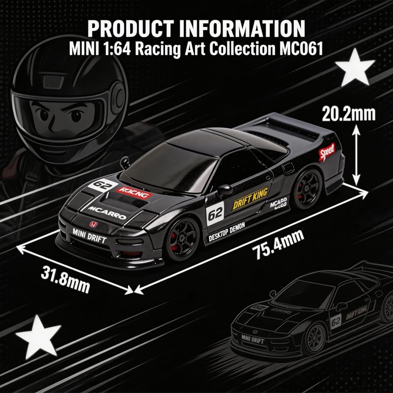 1/64 Scale Mini RC Drift Car, 60 Mins Playtime 2.4GHz Remote Control Car with 2-Speed Modes & LED Lights, Micro 4WD RC Stunt Race Car, (Black) - color: Black