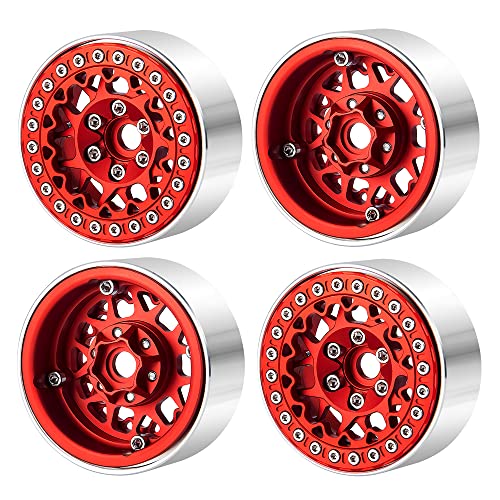 RCLIONS 1.9inch Beadlock Wheels Aluminum Rims for 1/10th RC Crawler Car - color: Red