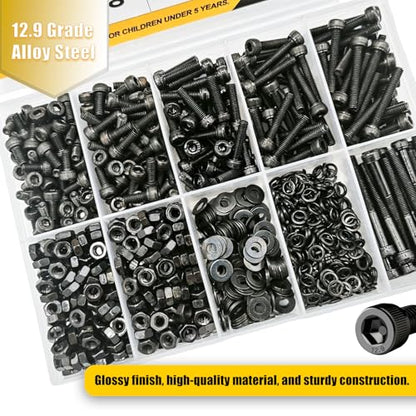 M3 Screws 1000Pcs Socket Head Cap Screw Assortment Kit for 3D Printing DIY | M3x6/8/12/16/20/30mm Hex Bolts with Nuts & Washers, 12.9 Grade Alloy Steel Black Zinc - size: M3 Kit 1000pcs / 6 Sizes