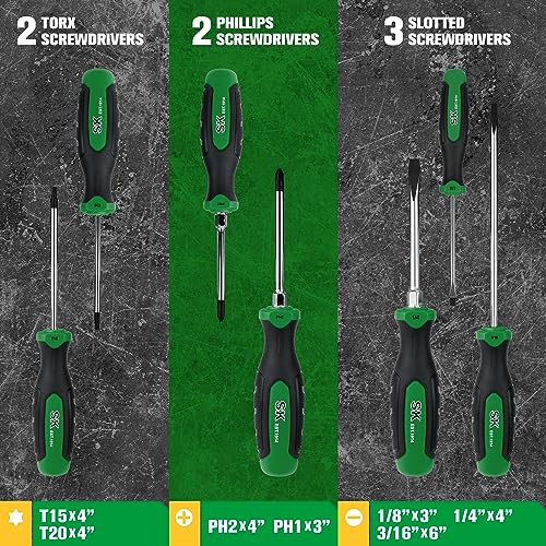 SK 7-Piece Magnetic Screwdriver Set, Slotted/Phillip/Star Screwdrivers | S2 Steel, Heat-Treated Chrome Plating Shaft, Black Oxide Tip, SureGrip Handle - size: 7PC