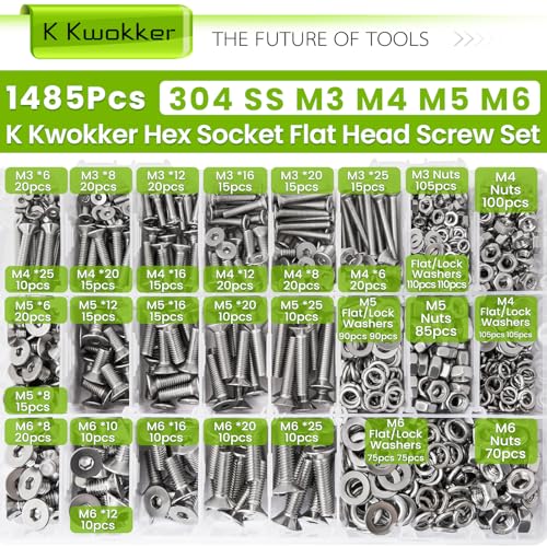 M3 M4 M5 M6 Nuts and Bolts Assortment Kit, Hex Socket Flat Head 24 Sizes 6mm to 25mm Metric Bolt Assortment, 304 Stainless Steel Machine Screws, Bolts and Nuts Kit w/Washers, Silver 1485Pcs - size: G. M3 M4 M5 M6