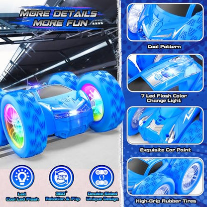 Wupuaait Flip Remote Control Car for Kids, RC Stunt Cars Toys for Boys Ages 4-7 with Double-Side and Changeable Led Lights, 1:24 Vehicle Toy Birthday Gift 3 4 5 6 7 8 9 Year Old Girls Racing Car Blue - color: Blue