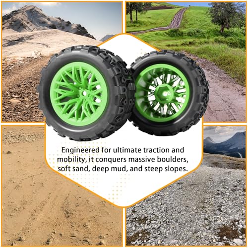 Pre-Glued 1/16 & 1/18 RC Monster Truck Rubber Tire & Nylon Wheel - 12mm Hex | Rubber Tires with Foam Fits for ARRMA 1/18 Granite/Typhon Grom, WLtoys A949, MJX Hyper Go H16 (4PCS, Green) - color: Green