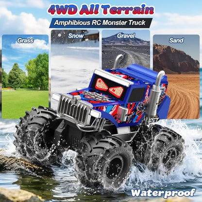 Amphibious Remote Control Car, 1:18 Boys Monster Truck Toys with LED Eyes | 4WD All Terrain Waterproof RC Cars, 2 x 1500mAh Batteries, 2.4 GHz RC Toys for Kids, 6+ Year Old Boys Christmas Birthday Gift - color: Blue/Red
