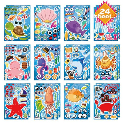 Ocean Animals Stickers, Make Your Own Sea Animals Stickers, Summer Sticker | 24 Sheets Make-a-face Stickers for Kids Toddlers Goodie Bags Stuffers Birthday Party Favors Activities Game - style: Ocean Animal