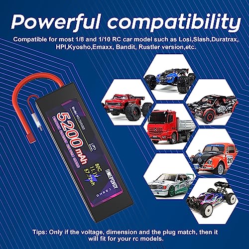 11.1V Lipo Battery 3S 5200mAh 80C Lipos Hard Case with T Connector for RC Car Trucks 1/8 1/10 RC Vehicles - color: T