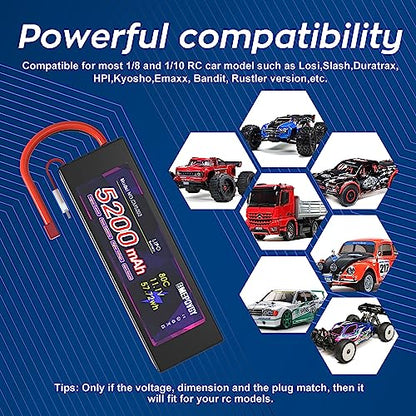 11.1V Lipo Battery 3S 5200mAh 80C Lipos Hard Case with T Connector for RC Car Trucks 1/8 1/10 RC Vehicles - color: T