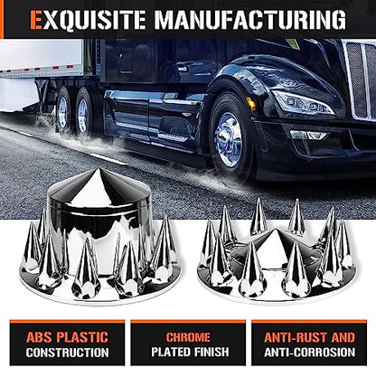 Aeagle Axle Cover Combo Kits for Semi Truck Hubs w/Screw-On 33mm Lug Nut, Spike ABS Plastic Chrome Plated, 2 Front & 4 Rear, 10 Hole Removable Caps, 6Pcs - color: Front & Rear Spiked