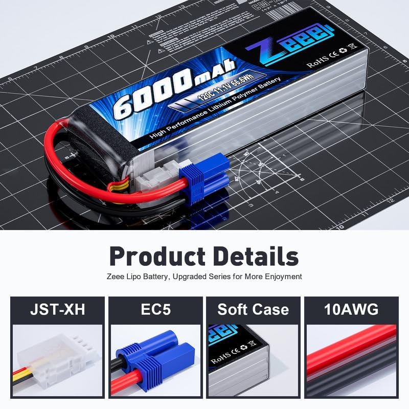 Zeee 3S Lipo Battery 6000mAh 11.1V 120C Soft Case RC Battery with EC5 Connector for Helicopter Airplane Quadcopter RC Airplane RC Car Truck Boat(2 Pack)