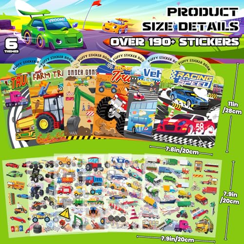 Elfew 6 Pack Car Sticker Books for Toddlers 2-4 3-5 | Over 190+ Stickers, 3D Reusable, Puffy Vehicle Stickers for Boys, Mess Free Activity Set, Road Trip Essentials Birthday Gift - color: 6 Sets Puffy Stickers