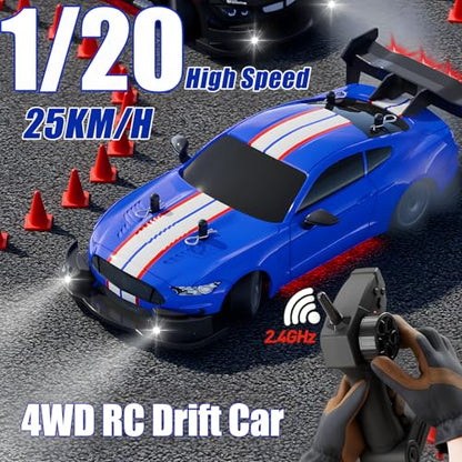 1:20 RC Drift Car for Kids,4WD 2.4GHz 30KM/H High Speed Remote Control Car, Racing Sport Toy Car with LED Lights,Drifting Tires＆2 Batteries (Blue) - color: Blue
