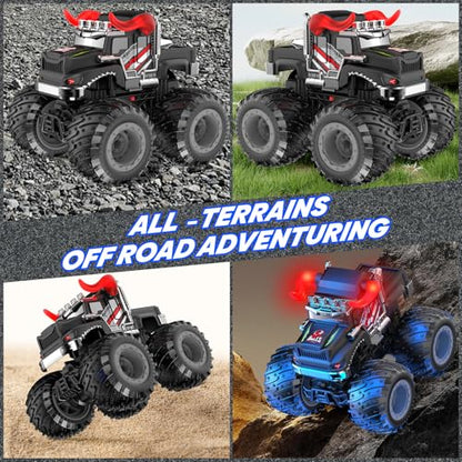 BAODLON Remote Control Monster Car, 2.4GHz RC Bull Monster Truck Toys for 3 4 5 6 7 8 Years Old Boys Kid, All Terrain RC Truck Off Road with Spray, Light, Rechargeable Battery, Christmas Birthday Gift - style: Bull