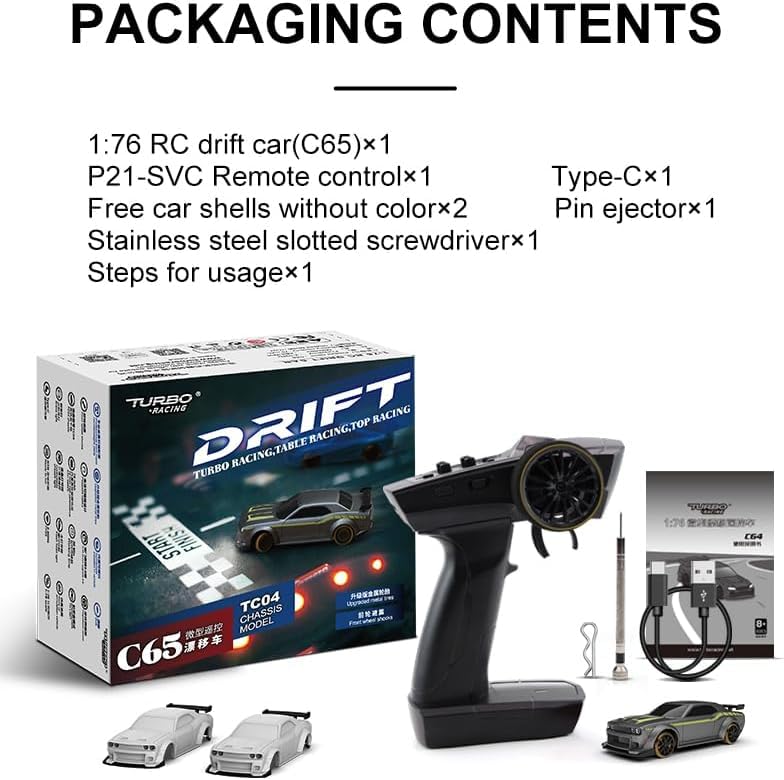 Turbo Racing 1:76 Scale Drift RC Car, Mini Table Racing Model Car with 2.4G Remote Control & Gyro Full Proportional RTR for Adults Hobby Toys Gifts (C65) - style: C65