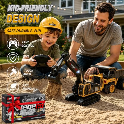 kolegend 1:18 Scale RC Excavator Toy with Metal Shovel, 11 Channels Remote Control Construction Truck, Real Digging on Dirt & Sand 2 Rechargeable Batteries Gift for Boys Girls Kids 6-12 Years Old - color: Black