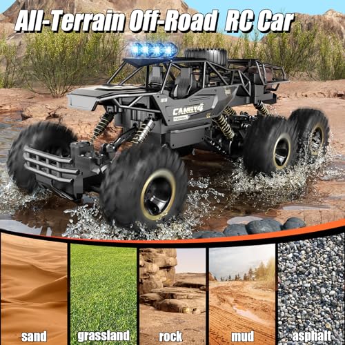 Large Size RC Cars, Rock Crawler RC Truck with 2 Rechargeable Batteries, 6 Wheel Remote Control Monster Truck, Durable Metal Body & LED Headlights, Boy Toys for 4-7, 8-12 Kids & Adults - color: 6 Wheels Black