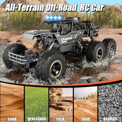 Large Size RC Cars, Rock Crawler RC Truck with 2 Rechargeable Batteries, 6 Wheel Remote Control Monster Truck, Durable Metal Body & LED Headlights, Boy Toys for 4-7, 8-12 Kids & Adults - color: 6 Wheels Black