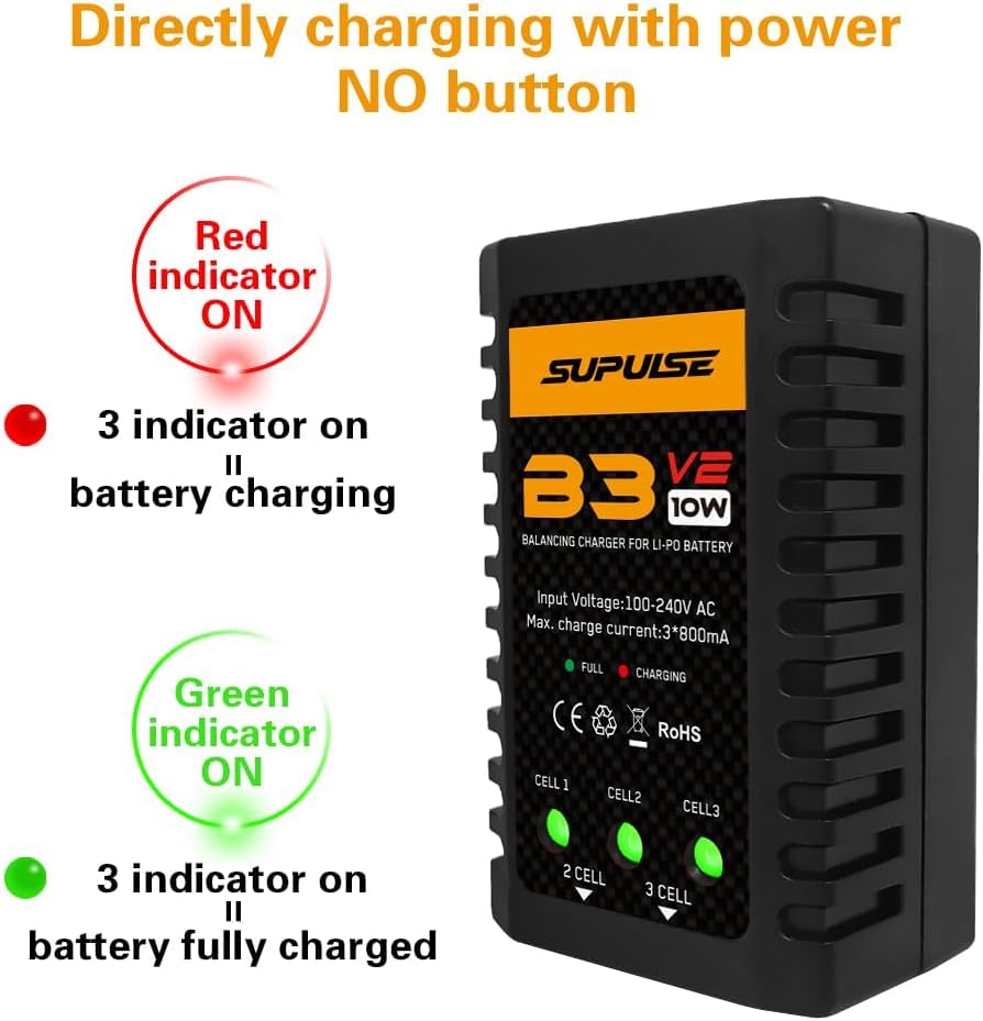 SUPULSE LiPo Battery Charger 2S-3S RC Balance Charger AC 7.4-11.1V 10W Upgrade Version Compact Lipo Charger for XHR Plug Battery(B3V2)
