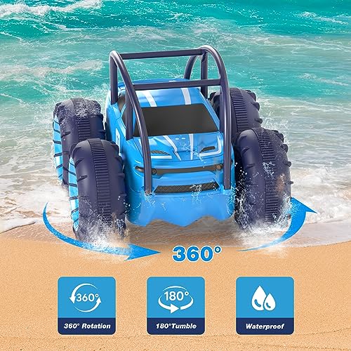 MaxTronic Amphibious Remote Control Car,Rechargeable RC Cars Toy 360° Flips Rotation Stunt Crawler 15KM/H 4WD All Terrain Outdoor Indoor Toy for Kids Boys Girls 3-12 - color: Blue