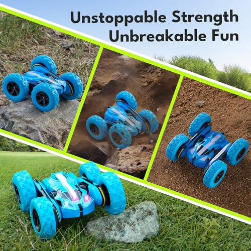 Threeking Remote Control Flip Stunt Car Double Sided Driving Crawler Toys | Quick-Swap Modular Battery Durable RC Cars with Auto Demo Breathing Soft Lights Gifts for Boys Girls Ages 6-12 - color: Blue