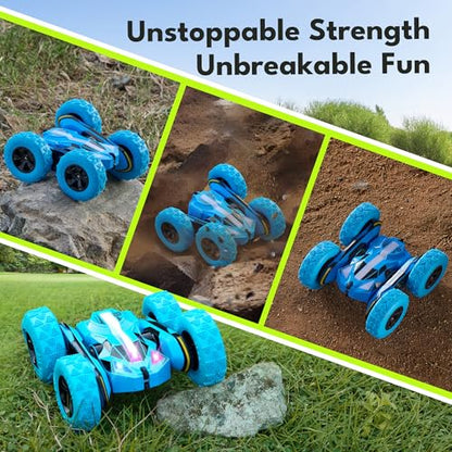 Threeking Remote Control Flip Stunt Car Double Sided Driving Crawler Toys | Quick-Swap Modular Battery Durable RC Cars with Auto Demo Breathing Soft Lights Gifts for Boys Girls Ages 6-12 - color: Blue