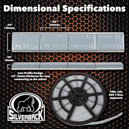 Silverback 1/2 oz Grey Steel Adhesive Tape Wheel Weights with EZ Peel Tape. Designed for the Professional Tire Dealer. Cars, Trucks, SUV's & Motorcycles. 10lb Roll .50 oz Grey Tape Weight - color: 1 Roll 1/2 oz Grey
