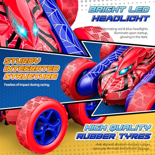 Excitobo Remote Control Car,Double Sided 360° Rotating 4WD RC Cars Toys for 3-12 Year Old Boys 2.4GHz Electric Rechargeable Race Stunt Birthday Halloween Christmas Easter Toys for Boys 4-6 3-4 - color: Red & Blue