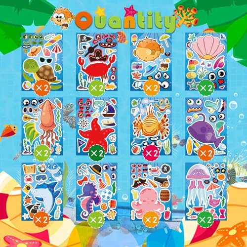 Ocean Animals Stickers, Make Your Own Sea Animals Stickers, Summer Sticker | 24 Sheets Make-a-face Stickers for Kids Toddlers Goodie Bags Stuffers Birthday Party Favors Activities Game - style: Ocean Animal