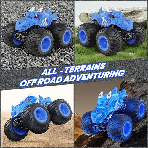 BAODLON Remote Control Monster Car, 2.4GHz RC Monster Trucks Toys for 3 4 5 6 7 8 Years Old Boys Kids, All Terrain RC Truck Off Road with Spray, Light, Rechargeable Battery, Christmas Birthday Gifts - style: Dinosaur-blue