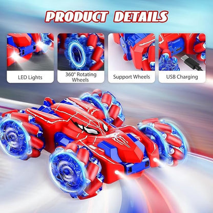 Spider Remote Control Car, Double Sided 360°Rotating USB Direct Charging RC with Cool Lights, 2.4Ghz Drift RC Stunt Vehicle, 360°Rotating 4WD Off-Road Race Car Toys for 4-12 Boy Girl Gifts (Blue) - color: Blue