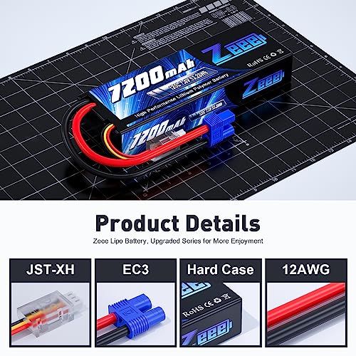 Zeee 2S Lipo Battery 7200mAh 7.4V 120C with EC3 Connector (2 Pack) | Hard Case RC Battery for RC Car Truck Truggy Buggy Tank 1/10 Scale Racing Models