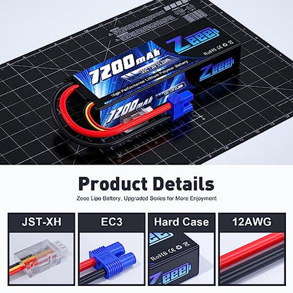 Zeee 2S Lipo Battery 7200mAh 7.4V 120C with EC3 Connector (2 Pack) | Hard Case RC Battery for RC Car Truck Truggy Buggy Tank 1/10 Scale Racing Models