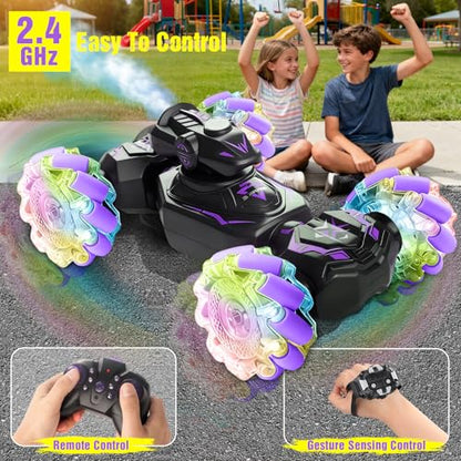 Gesture Sensing Remote Control Car, RC Cars Toys for Boys Age 6-12, 4WD Hand Controlled Twist & Transform 360° Spins Stunt Car with Mist, Light & Music, 8-10 Year Old Boys Birthday Gift Purple - color: Purple