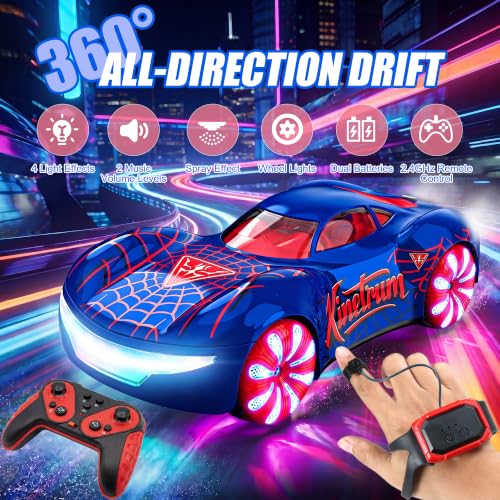 Gesture Sensing RC Stunt Car, 2.4GHz 4WD Remote Control Car for Boys 4-12 | 50 Min Play Dual Batteries, 360° Spinning Drift ,Mist Spray & LED Wheels, Birthday Gift for Kids Boys, Party Gifts, Blue-Red - color: 1-blue