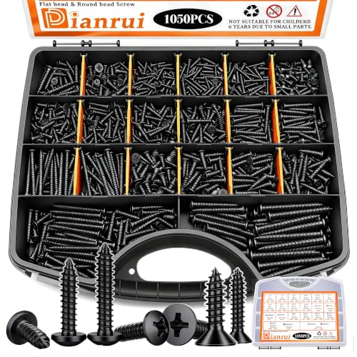 Dianrui 1050PCS Black Wood Screws Assortment Kit, Assorted 304 Stainless Steel Screws M3/M4/M5/M6, ‌Phillips Drive Sheet Metal Self Tapping Screw Set Marine Grade (Pan & Flat Screw) Length 1/4" to 2" - size: 1050PCS-BK
