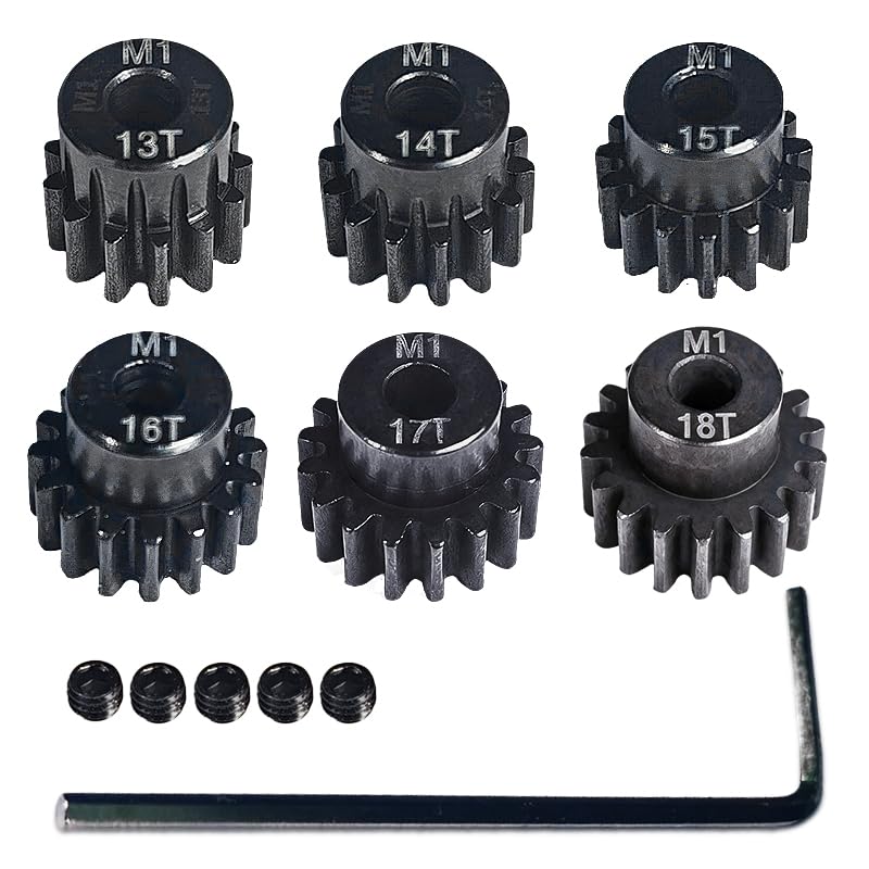 6-Pack，Mod 1 Pinion Gears Set - 13T 14T 15T 16T 17T 18T Hardened Steel, 5mm Shaft Hole, RC Car Motor Gears Upgrade Kit with Screws & Hex Wrench