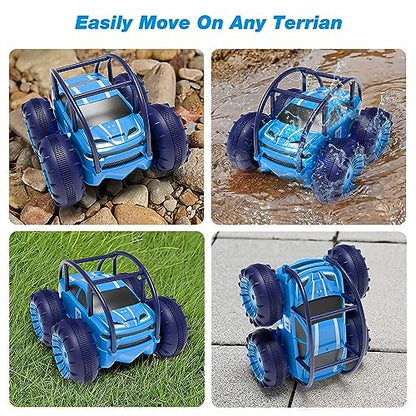 MaxTronic Amphibious Remote Control Car,Rechargeable RC Cars Toy 360° Flips Rotation Stunt Crawler 15KM/H 4WD All Terrain Outdoor Indoor Toy for Kids Boys Girls 3-12 - color: Blue
