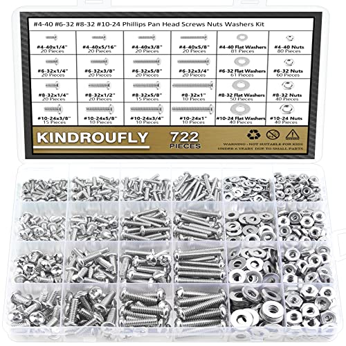 722 Pieces #4-40#6-32#8-32#10-24, Phillips Pan Head Machine Screws Nuts Assortment Kit, 304 Stainless Steel, Fully Machine Thread - size: #4-40 #6-32 #8-32 #10-24