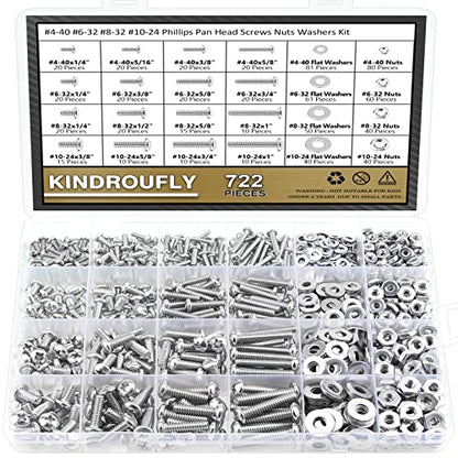722 Pieces #4-40#6-32#8-32#10-24, Phillips Pan Head Machine Screws Nuts Assortment Kit, 304 Stainless Steel, Fully Machine Thread - size: #4-40 #6-32 #8-32 #10-24