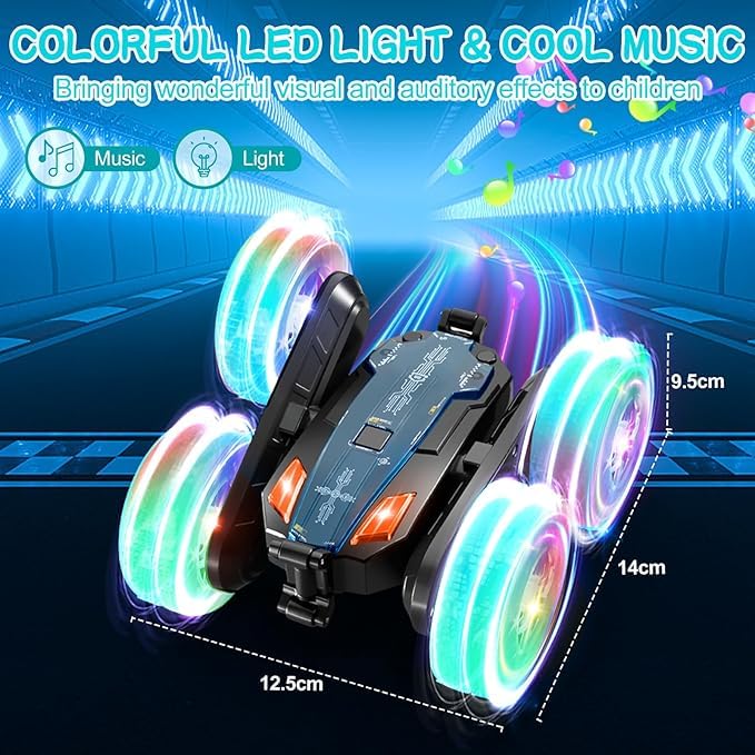 Remote Control Car - Double-Sided 360° Rotating, 4WD, 2.4GHz Rechargeable with LED Light and Music, RC Stunt Cars Toy for Boys and Girls on Birthdays Blue