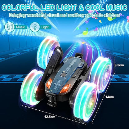 Remote Control Car - Double-Sided 360° Rotating, 4WD, 2.4GHz Rechargeable with LED Light and Music, RC Stunt Cars Toy for Boys and Girls on Birthdays Blue
