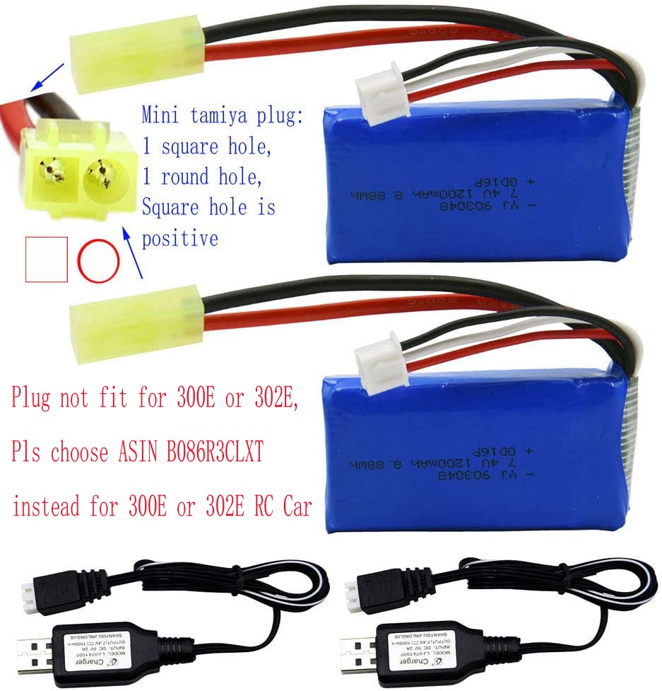 Blomiky 2 Pack 7.4V 1200mAh 8.88Wh Li-PO Battery and 2 USB Charger Cable Replacement for 1/18 Scale 9310YL 9300 9301E 9302E 9303E 9304E 9305E RC Truck / 9300 1200 2