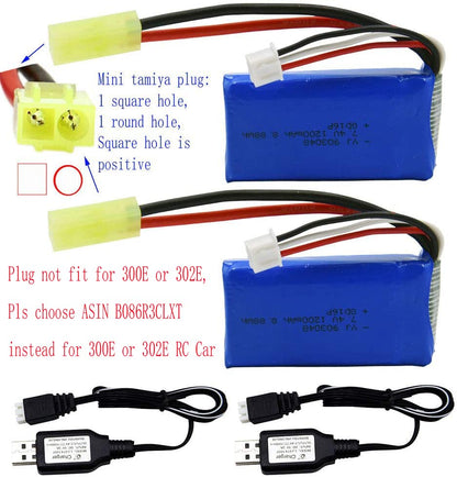 Blomiky 2 Pack 7.4V 1200mAh 8.88Wh Li-PO Battery and 2 USB Charger Cable Replacement for 1/18 Scale 9310YL 9300 9301E 9302E 9303E 9304E 9305E RC Truck / 9300 1200 2