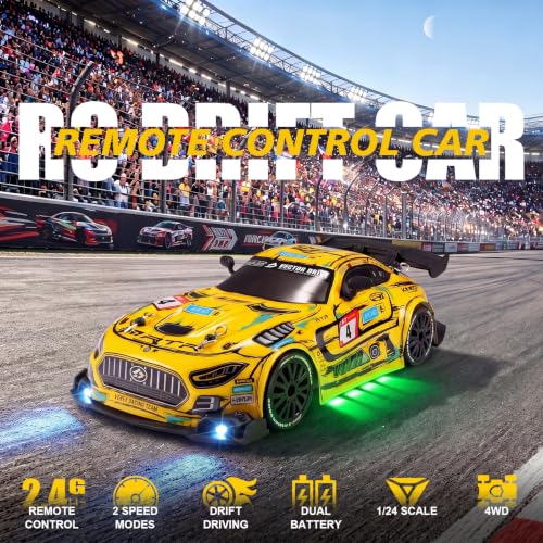 1:24 Scale RC Car for Kids, 4WD High Speed Remote Control Drift Car | 2.4GHz RC drift car with LED lights, 2 batteries(50-min)& dual mode tires (drift/speed). Gift for boys aged 4-12, Yellow - color: 3-yellow