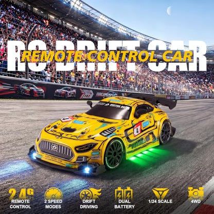 1:24 Scale RC Car for Kids, 4WD High Speed Remote Control Drift Car | 2.4GHz RC drift car with LED lights, 2 batteries(50-min)& dual mode tires (drift/speed). Gift for boys aged 4-12, Yellow - color: 3-yellow
