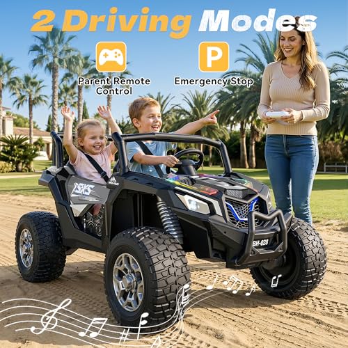 XXXL 4WD 24V Ride on Toys for Big Kids 3-14,Max 5.5Mph & 220 lbs Load,Black | Adjustable 22” 2 seater ride on car for kids, 15" eva all-terrain tires, remote control, led lights, smooth shock absorbers - color: Black